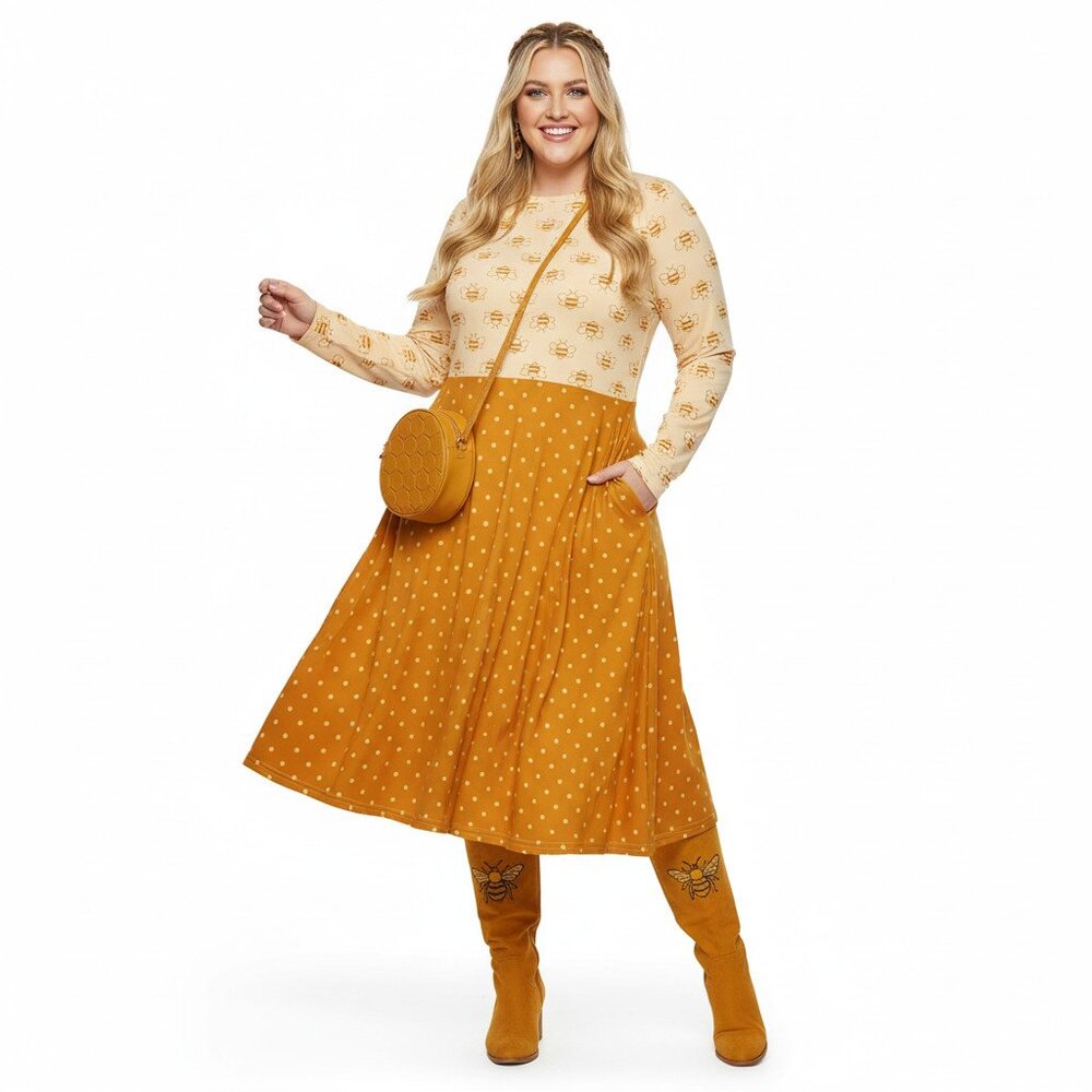 Cottagecore Honey Bee Fit and Flare Midi Dress with Pockets